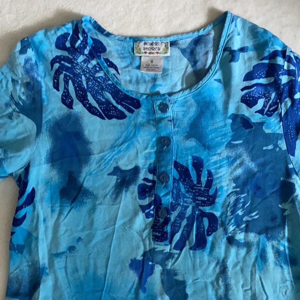 {VTG} Desert Shores | Tropical Palm Tree Leaf Print Short Sleeve Midi Dress Blue - Picture 4 of 15